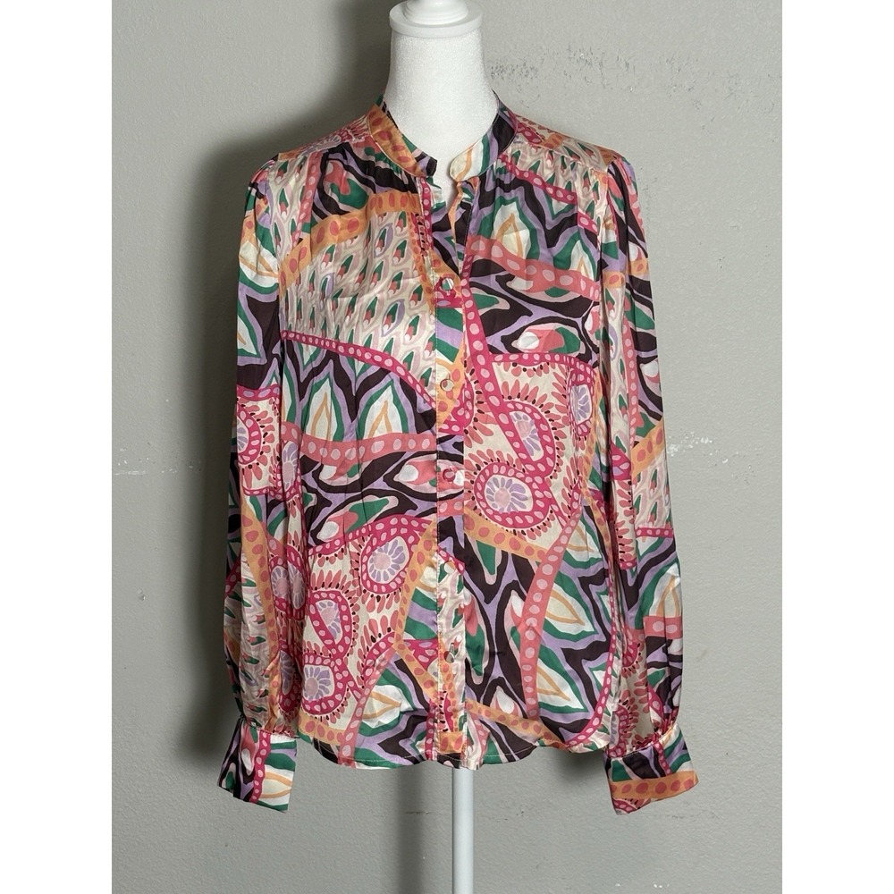 Fate Silky Satin Blouse Small Pink Green Statement Print Work Church Brunch Top